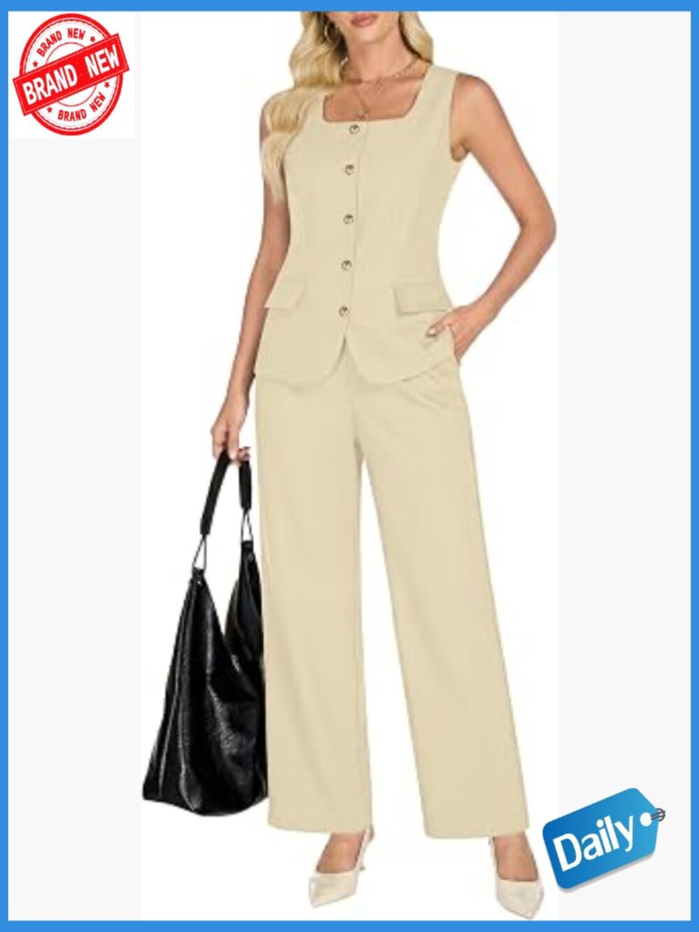 Dressy 2 Piece Set Sleeveless Blazer Vest Wide Leg Pants Business Casual 2026